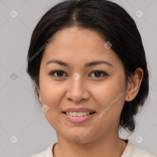 Joyful white young-adult female with medium  brown hair and brown eyes