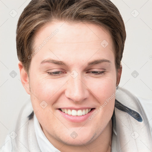 Joyful white young-adult female with short  brown hair and grey eyes