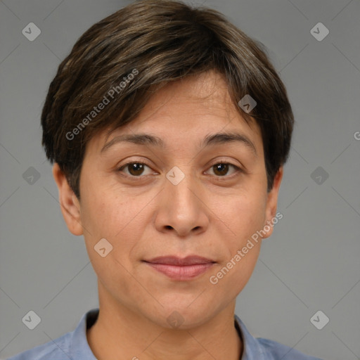 Joyful white adult female with short  brown hair and brown eyes