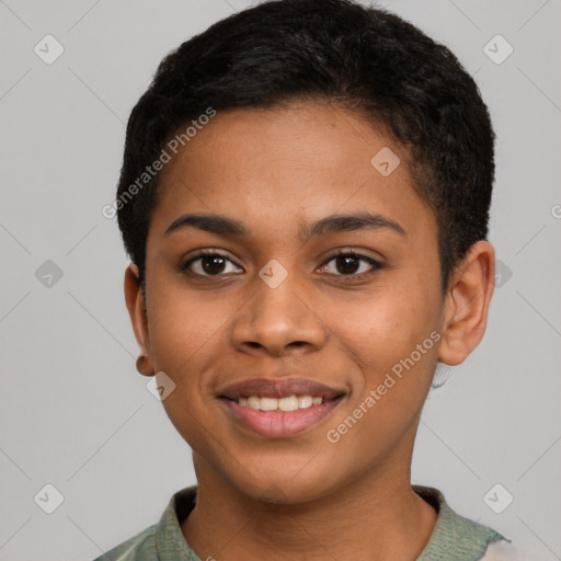 Joyful latino young-adult female with short  brown hair and brown eyes