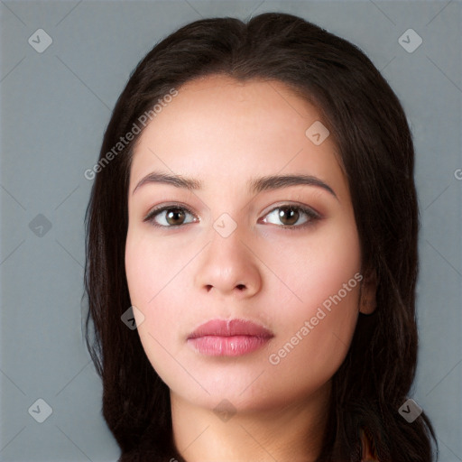 Neutral white young-adult female with long  brown hair and brown eyes