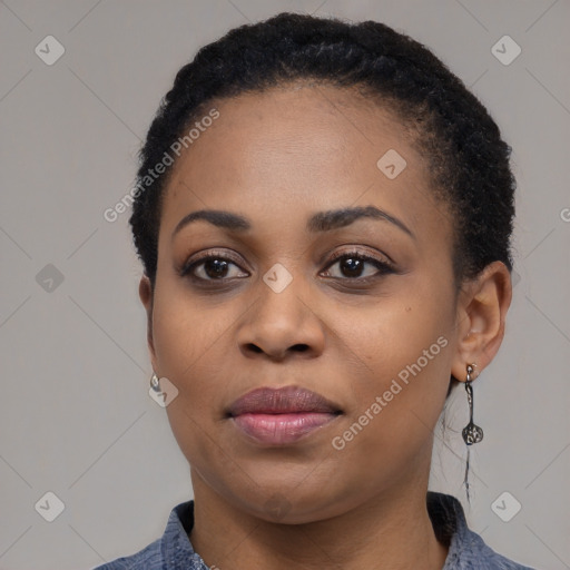 Neutral black young-adult female with short  black hair and brown eyes