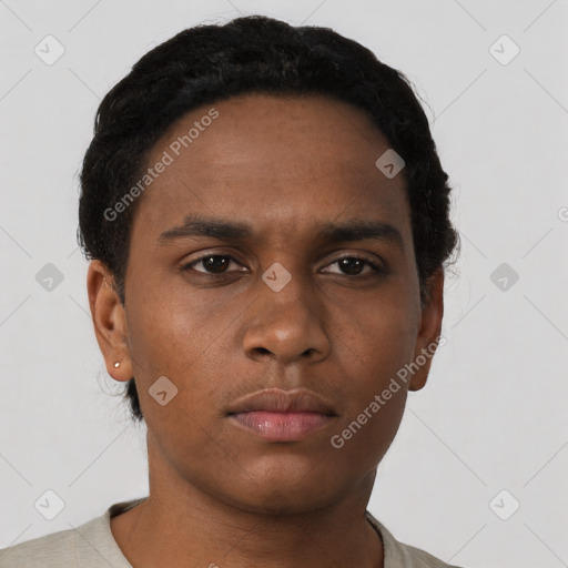 Neutral black young-adult male with short  black hair and brown eyes