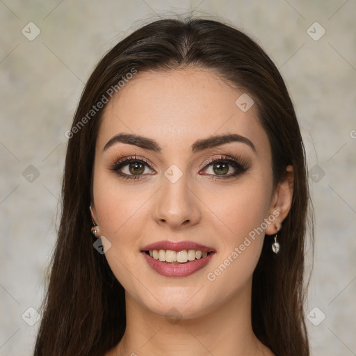 Joyful white young-adult female with long  brown hair and brown eyes