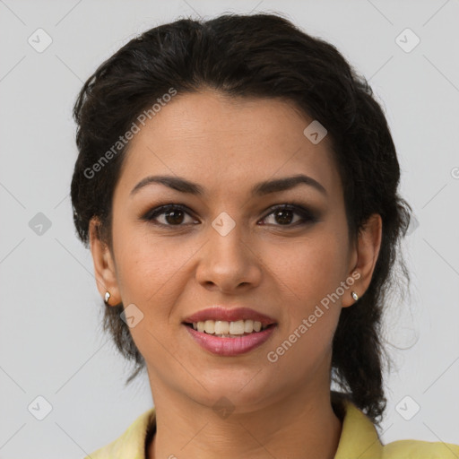 Joyful latino young-adult female with short  brown hair and brown eyes