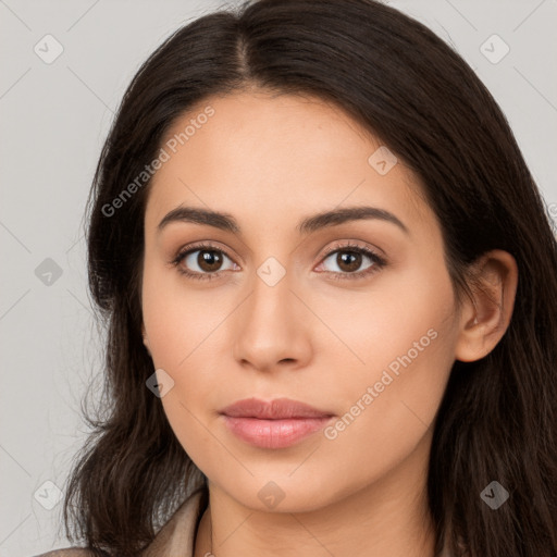 Neutral white young-adult female with long  brown hair and brown eyes