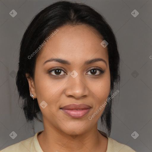 Joyful latino young-adult female with medium  black hair and brown eyes
