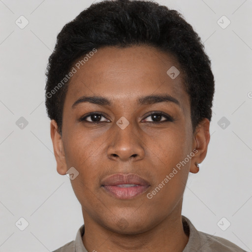 Neutral black young-adult female with short  black hair and brown eyes