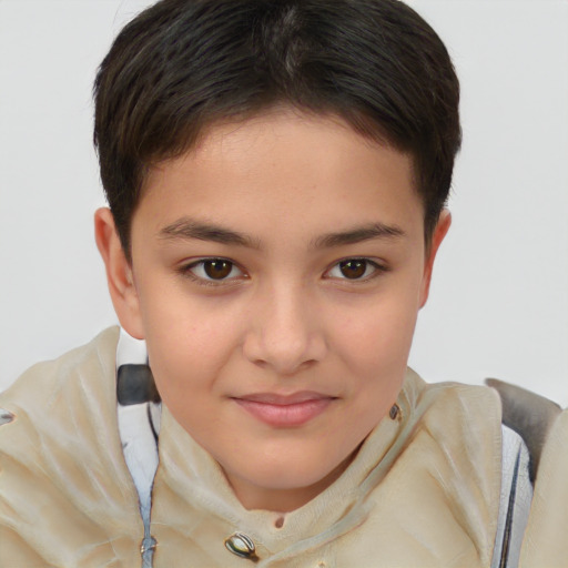 Joyful white child female with short  brown hair and brown eyes