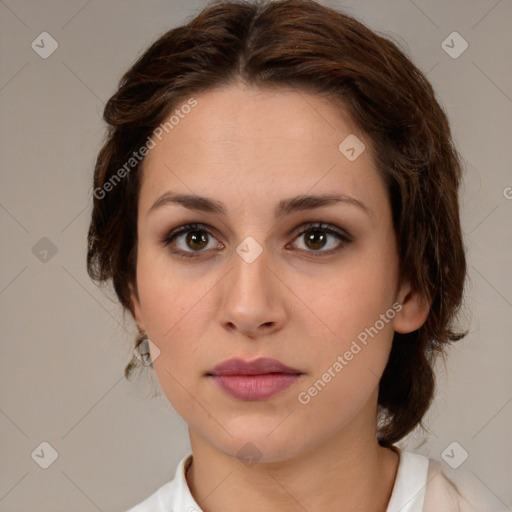 Neutral white young-adult female with medium  brown hair and brown eyes