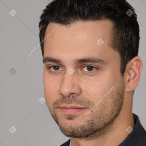 Neutral white young-adult male with short  brown hair and brown eyes