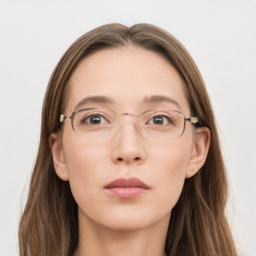 Neutral white young-adult female with long  brown hair and grey eyes