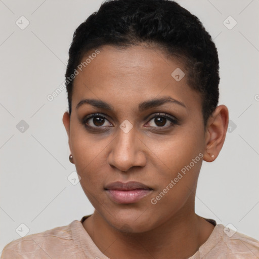 Joyful latino young-adult female with short  brown hair and brown eyes