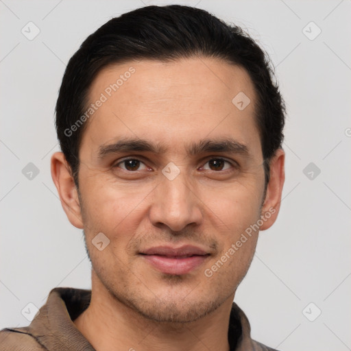 Joyful white young-adult male with short  brown hair and brown eyes