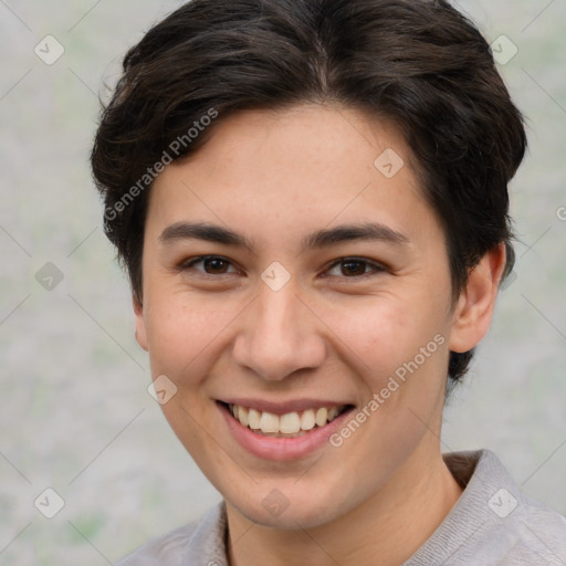 Joyful white young-adult female with short  brown hair and brown eyes