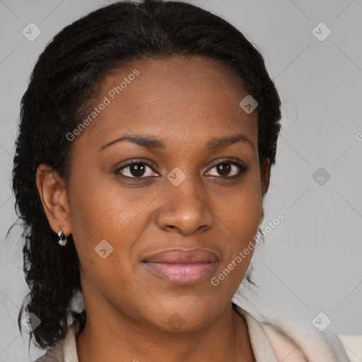 Joyful black young-adult female with medium  brown hair and brown eyes