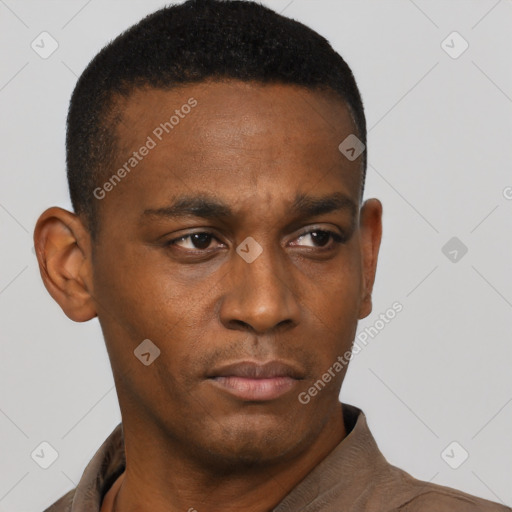 Neutral black young-adult male with short  black hair and brown eyes
