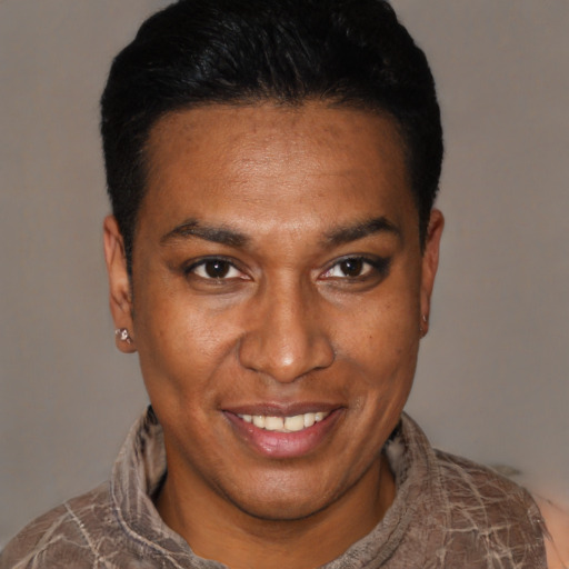 Joyful black young-adult male with short  brown hair and brown eyes