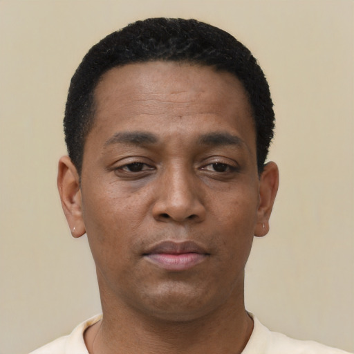 Neutral black young-adult male with short  black hair and brown eyes