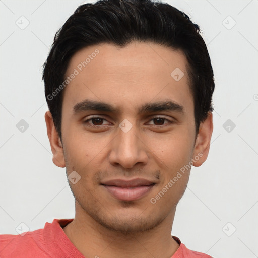 Joyful asian young-adult male with short  black hair and brown eyes