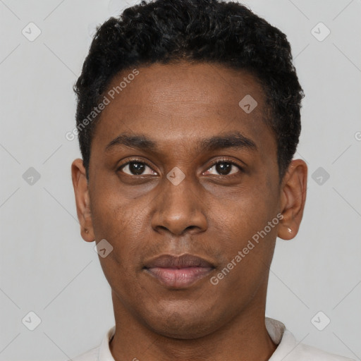 Neutral black young-adult male with short  black hair and brown eyes