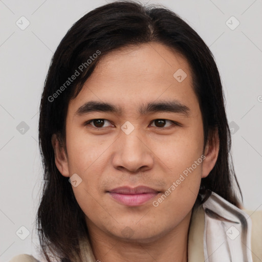 Joyful white young-adult male with medium  brown hair and brown eyes