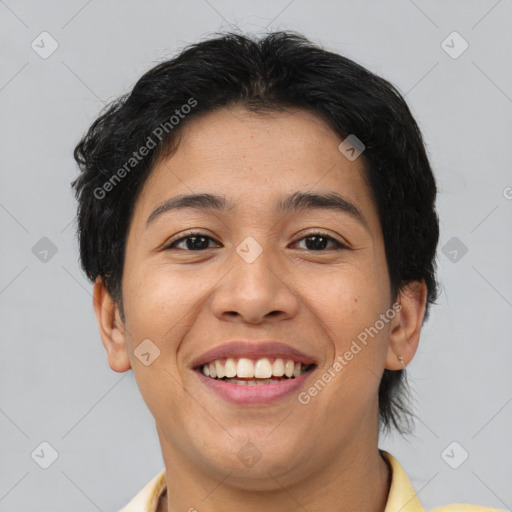 Joyful asian young-adult female with short  brown hair and brown eyes