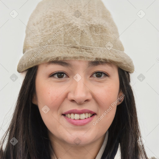 Joyful white young-adult female with long  brown hair and grey eyes