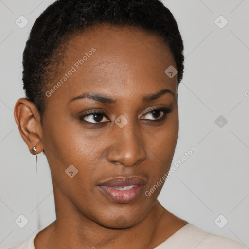 Neutral black young-adult female with short  brown hair and brown eyes