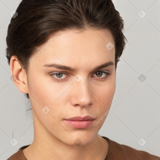 Neutral white young-adult female with short  brown hair and brown eyes