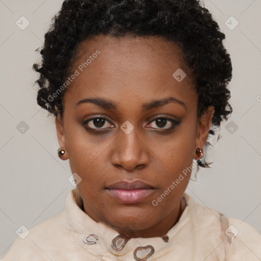 Neutral black young-adult female with short  black hair and brown eyes