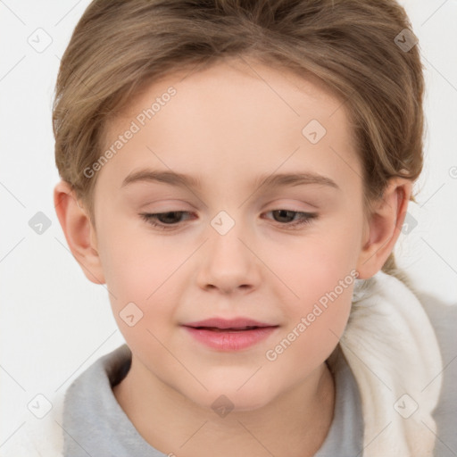 Joyful white child female with short  brown hair and brown eyes