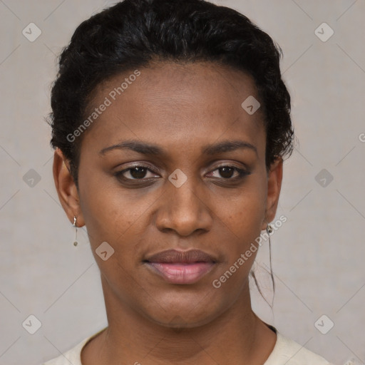 Joyful black young-adult female with short  black hair and brown eyes