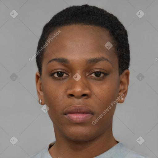 Neutral black young-adult female with short  black hair and brown eyes