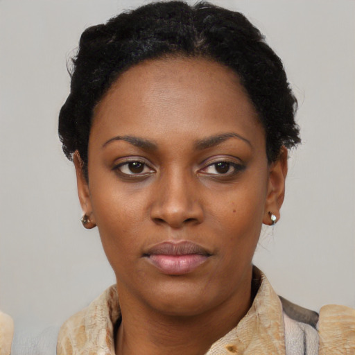 Neutral black young-adult female with short  black hair and brown eyes