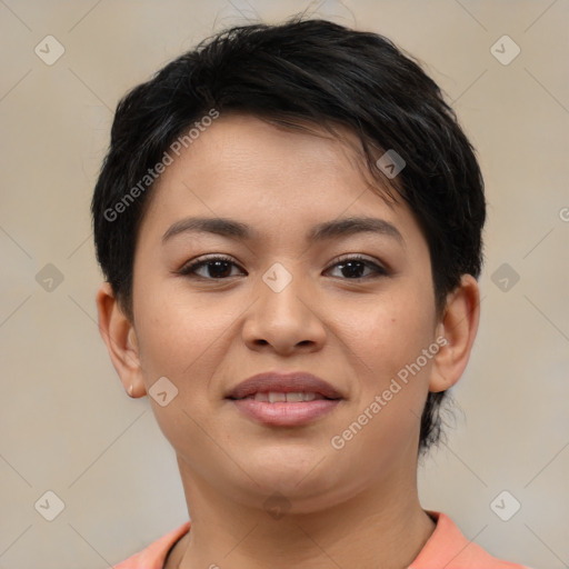 Joyful asian young-adult female with short  brown hair and brown eyes