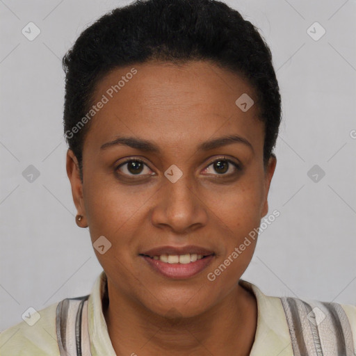 Joyful black young-adult female with short  brown hair and brown eyes