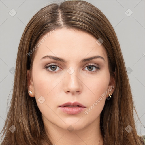 Neutral white young-adult female with long  brown hair and brown eyes