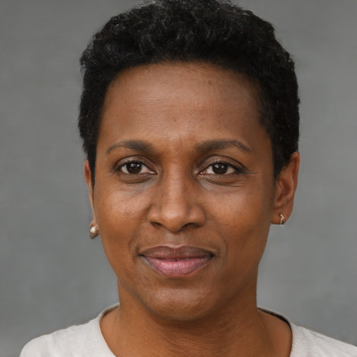 Joyful black adult female with short  black hair and brown eyes