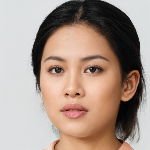 Neutral asian young-adult female with medium  brown hair and brown eyes