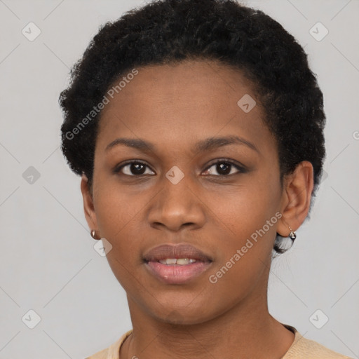 Neutral black young-adult female with short  brown hair and brown eyes