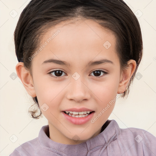 Joyful white child female with medium  brown hair and brown eyes