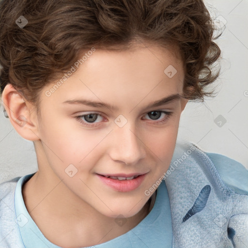 Joyful white child female with short  brown hair and brown eyes