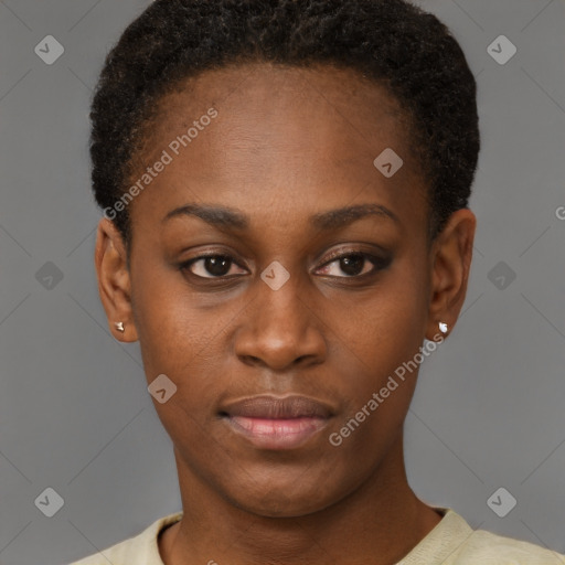 Neutral black young-adult female with short  black hair and brown eyes