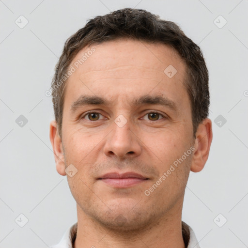 Neutral white adult male with short  brown hair and brown eyes