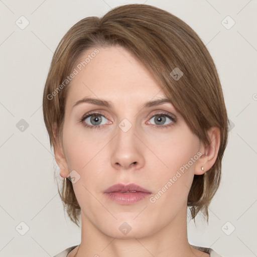 Neutral white young-adult female with medium  brown hair and grey eyes