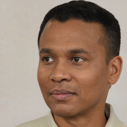 Joyful black young-adult male with short  black hair and brown eyes