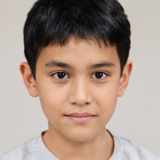 Joyful asian child male with short  brown hair and brown eyes
