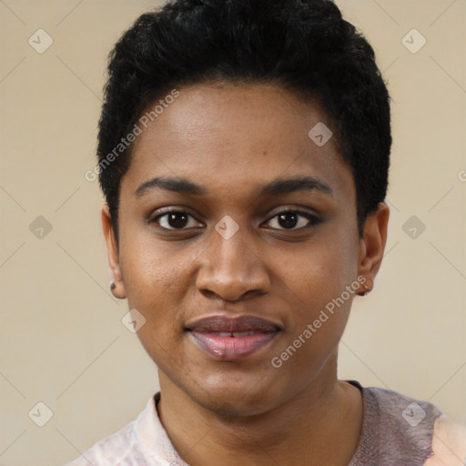 Joyful black young-adult female with short  black hair and brown eyes