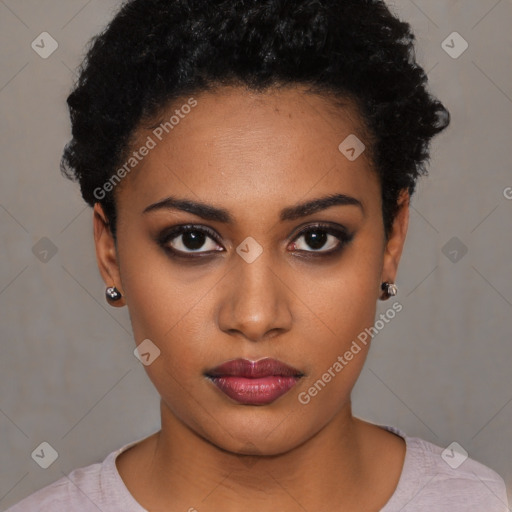 Neutral black young-adult female with short  black hair and brown eyes